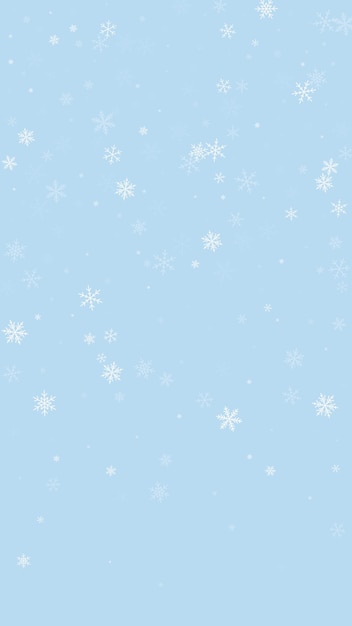Fondo de Navidad nevado Sutiles copos de nieve voladores y estrellas sobre fondo de invierno azul claro Delicada Navidad nevada dulce Ilustración vectorial vertical