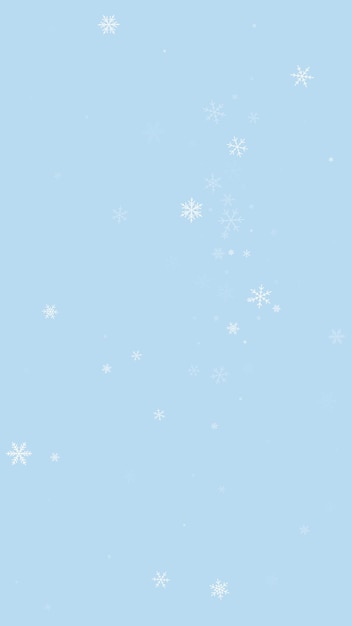 Fondo de Navidad nevado Sutiles copos de nieve voladores y estrellas sobre fondo de invierno azul claro Delicada Navidad nevada dulce Ilustración vectorial vertical