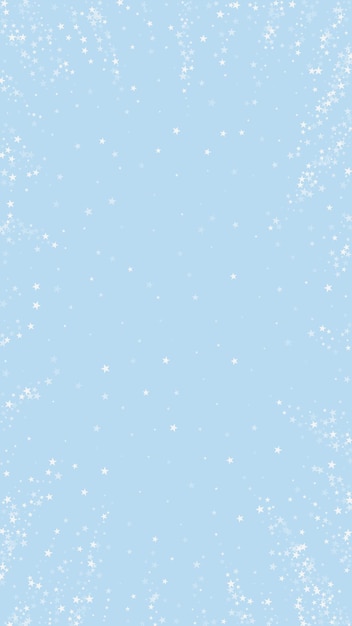 Fondo de Navidad nevado Sutiles copos de nieve voladores y estrellas sobre fondo de invierno azul claro Delicada Navidad nevada dulce Ilustración vectorial vertical