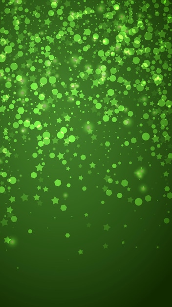 Fondo de Navidad nevado Sutiles copos de nieve voladores y estrellas sobre fondo verde de Navidad Navidad nevada dulce y delicada Ilustración vectorial vertical