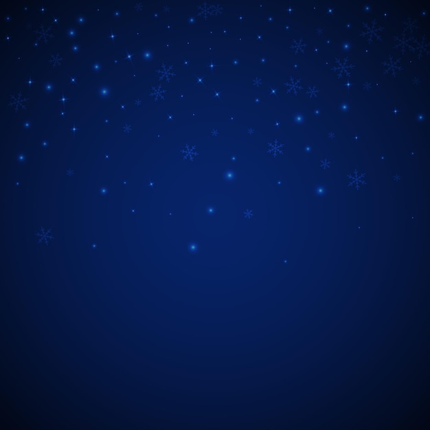 Fondo de Navidad de nieve que brilla intensamente escasa. Sutiles copos de nieve voladores y estrellas sobre fondo azul oscuro de la noche. Plantilla de superposición de copo de nieve de plata de invierno vivo. Ilustración de vector elegante.