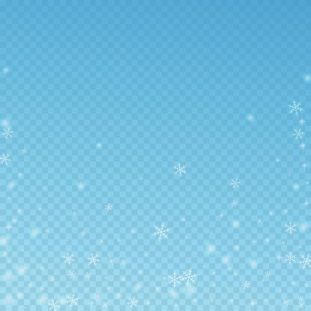 Fondo de Navidad de nieve que brilla intensamente escasa. Sutiles copos de nieve voladores y estrellas sobre fondo azul transparente. Plantilla de superposición de copo de nieve de plata de invierno admirable. Ilustración de vector notable.