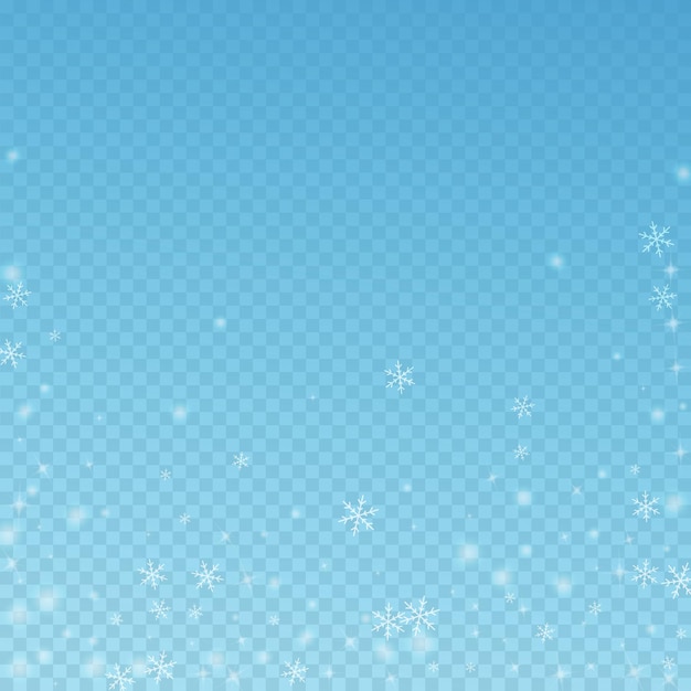 Fondo de Navidad de nieve que brilla intensamente escasa. Sutiles copos de nieve voladores y estrellas sobre fondo azul transparente. Plantilla de superposición de copo de nieve de plata de invierno admirable. Ilustración de vector notable.