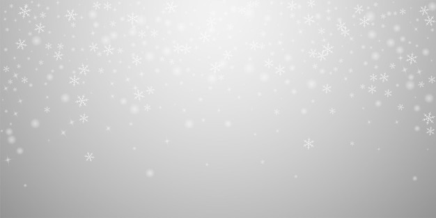 Fondo de Navidad de nieve que brilla intensamente escasa. Sutiles copos de nieve voladores y estrellas sobre fondo gris claro. Plantilla de superposición de copo de nieve de plata de invierno real. Ilustración de vector elegante.