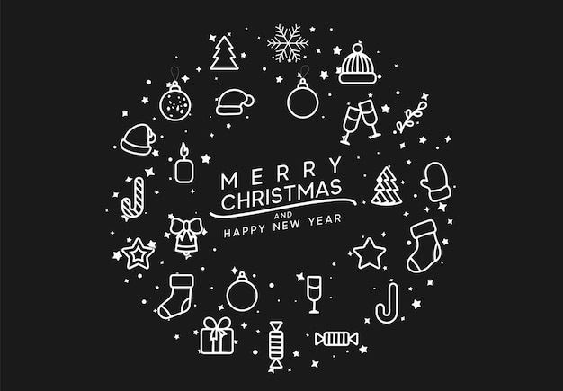 Fondo de Navidad con objetos de Navidad, elementos de diseño de estilo lineal. ilustración vectorial