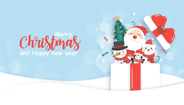 Fondo de Navidad con Papá Noel y amigos de pie en una gran caja de regalo en estilo de corte de papel.