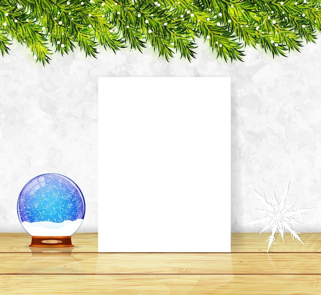 Fondo de Navidad con papel en blanco blanco y vector de globo de nieve