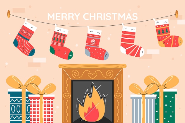 Vector fondo de navidad plano dibujado a mano con chimenea y calcetines