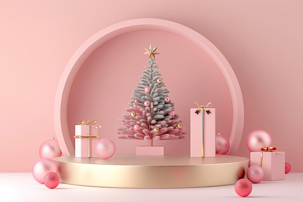 Fondo de Navidad con podio hombre de nieve copos de nieve regalo de árbol de Navidad y bolas de Navidad 3d