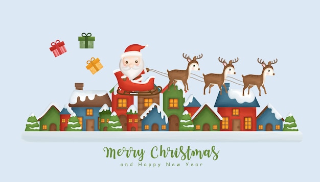 Fondo de navidad con pueblo de nieve y santa claus.