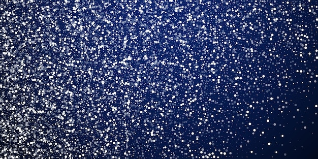 Fondo de Navidad de puntos blancos al azar. Sutiles copos de nieve voladores y estrellas sobre fondo azul oscuro de la noche. Hermosa plantilla de superposición de copo de nieve de plata de invierno. Ilustración vectorial justa.