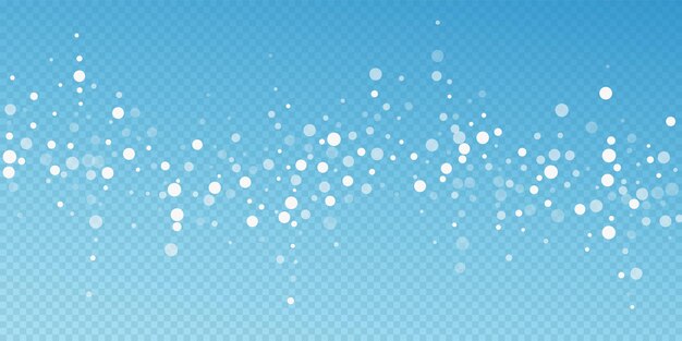 Fondo de Navidad de puntos blancos. Sutiles copos de nieve voladores y estrellas sobre fondo azul transparente. Atractiva plantilla de superposición de copo de nieve de plata de invierno. Ilustración de vector elegante.