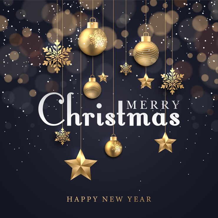 Vector fondo de navidad con puntos brillantes, estrellas doradas claras, burbujas y copos de nieve.