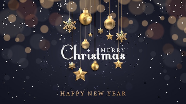 Fondo de Navidad con puntos brillantes, estrellas doradas claras, burbujas y copos de nieve.