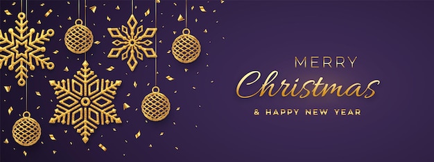 Fondo de Navidad púrpura con copos de nieve y bolas dorados colgantes Tarjeta de felicitación