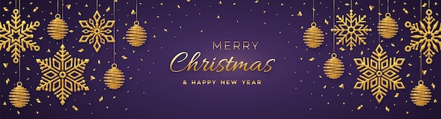 Fondo de Navidad púrpura con copos de nieve dorados brillantes y bolas Tarjeta de felicitación de feliz Navidad Vacaciones de Navidad y Año Nuevo cartel banner web Ilustración vectorial