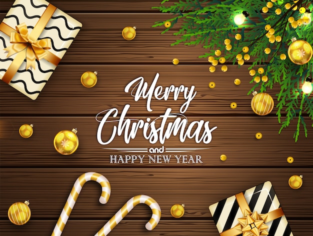 Fondo de Navidad con ramas de abeto y decoraciones