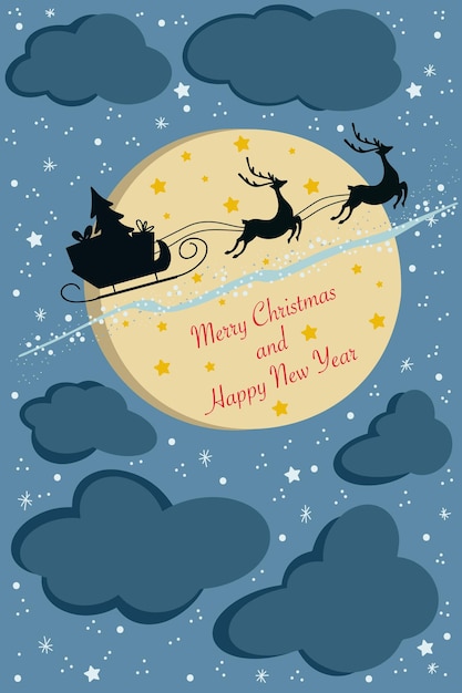 Fondo de Navidad con Santa y ciervos volando en el cielo con luna de fondo.