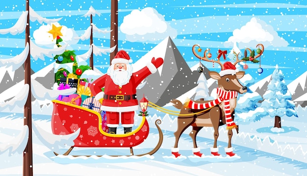 Fondo de Navidad. Santa Claus paseos en trineo de renos. Paisaje invernal con montañas del bosque de abetos y nevando. Feliz año nuevo. Vacaciones de Navidad de año nuevo. Ilustración de vector de estilo plano
