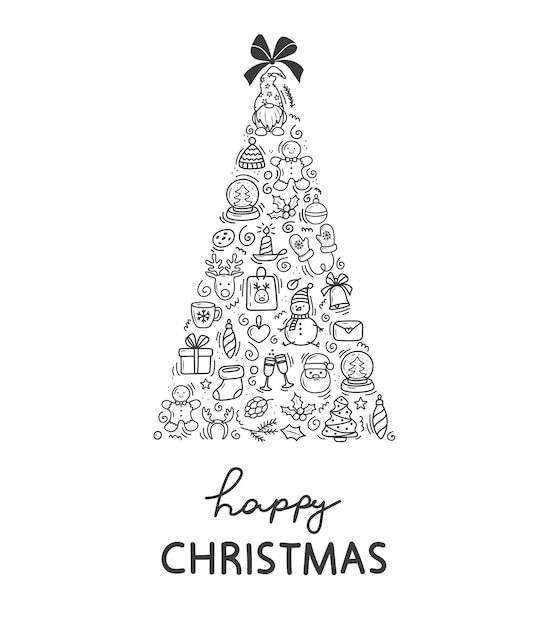 Fondo de navidad tarjeta de felicitación de vacaciones de invierno doodle en forma de árbol de navidad