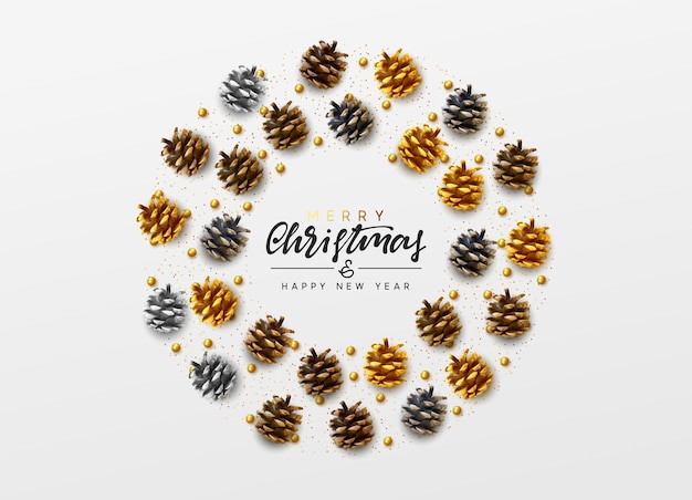Fondo de Navidad. Texto escrito a mano Feliz Navidad y Feliz Año Nuevo. Tarjeta de felicitación de Navidad, banner, póster web. Ilustración vectorial festiva. Diseño de conos de pino, cuentas redondas, color brillante dorado.