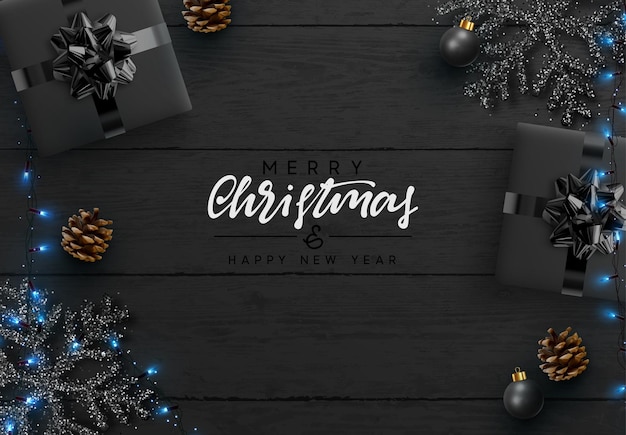 Fondo de Navidad. Textura de tablón de madera, copos de nieve negros están esparcidos con destellos, cono de pino realista, adornos decorativos, cajas de regalo, guirnalda azul claro brillante de Navidad. feliz Navidad Feliz Año Nuevo