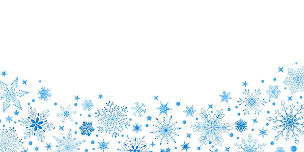 Fondo de navidad con varios copos de nieve grandes y pequeños complejos azul claro sobre blanco