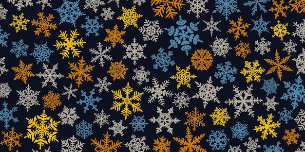 Fondo de Navidad con varios copos de nieve grandes y pequeños complejos coloreados en negro
