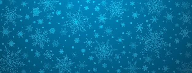 Fondo de Navidad de varios copos de nieve grandes y pequeños complejos, en colores azul claro