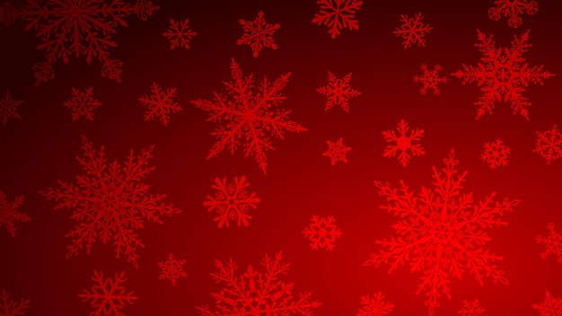 Fondo de Navidad con varios copos de nieve grandes y pequeños complejos en colores rojos