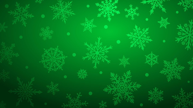 Fondo de Navidad con varios copos de nieve grandes y pequeños complejos en colores verdes