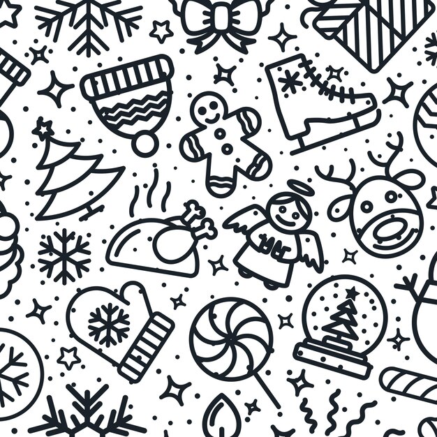 Fondo de Navidad vectorial que consiste en iconos de línea de Navidad como ciervos de Santa bola de Navidad abeto regalo copo de nieve en el fondo de vacaciones de invierno Feliz Año Nuevo Vector Ilustración