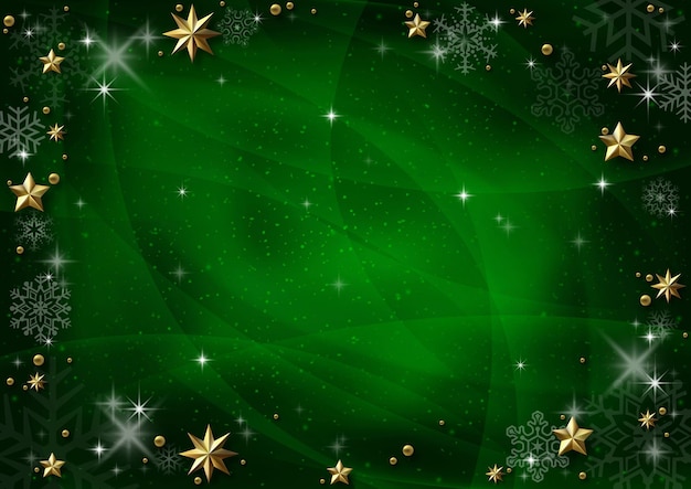 Fondo de navidad verde con estrellas doradas y sombras y copos de nieve verdes