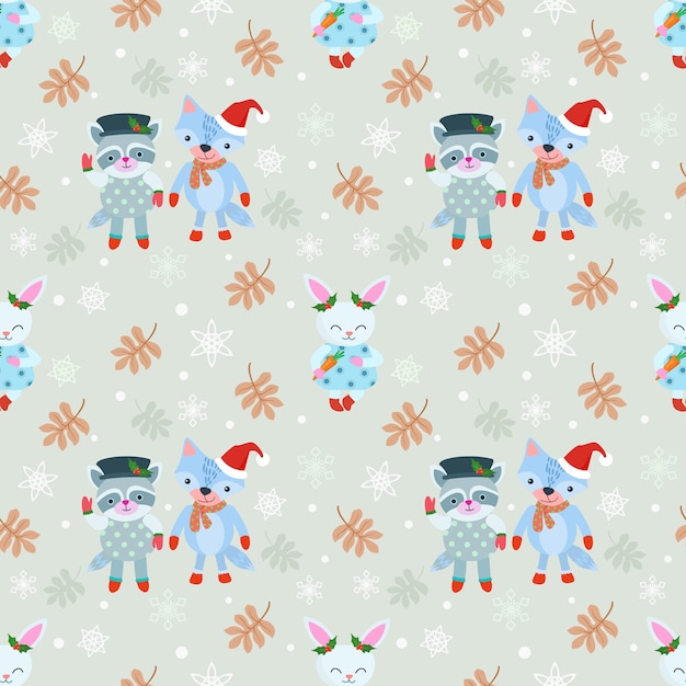 Fondo de Navidad con zorro, mapache y conejo.