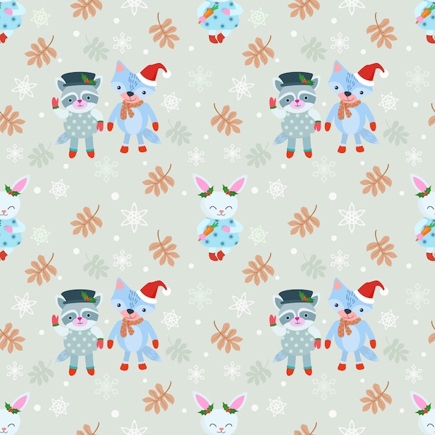 Fondo de navidad con zorro, mapache y conejo.