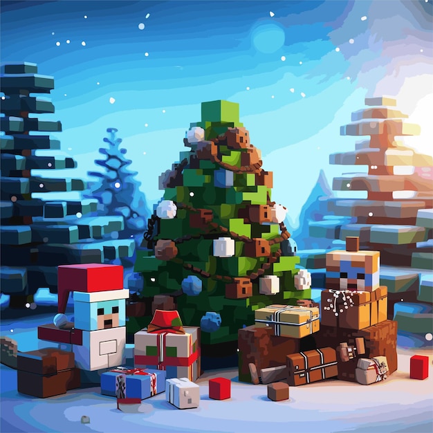 Fondo navideño con árbol de Navidad y juguetes en Minecraft y estilo pixel