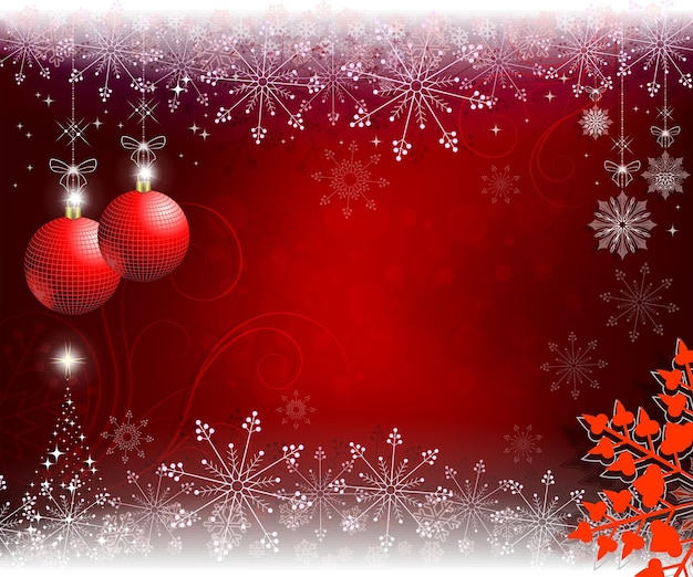 Fondo navideño beige rojo con bolas rojas y elegantes copos de nieve