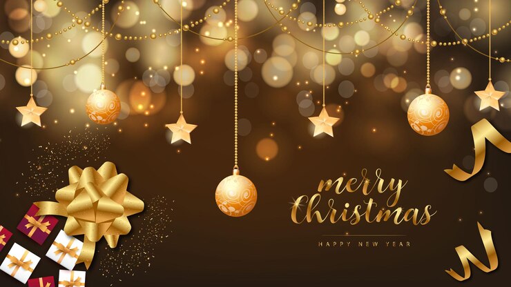 Fondo navideño con bolas navideñas doradas o burbujas y caja de regalo Vector Premium