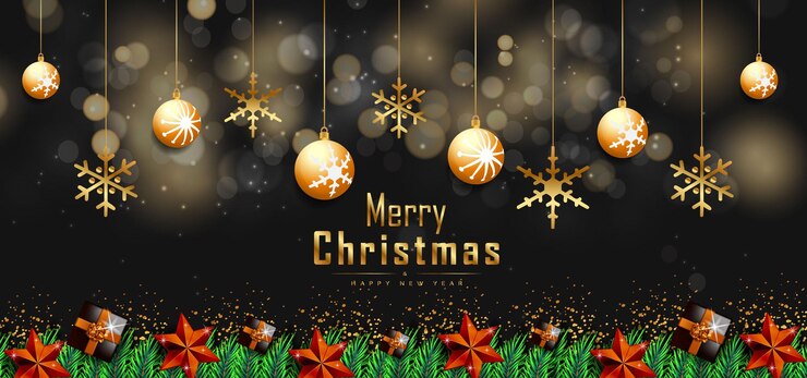 Fondo navideño con bolas navideñas doradas o burbujas y caja de regalo Vector Premium