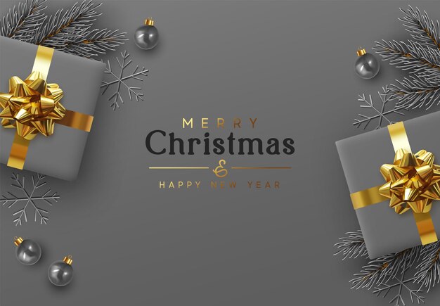 Fondo navideño. Cajas de regalo realistas con diseño navideño con lazo dorado y exuberante, ramas de pino, ramas de abeto y bolas decorativas. Copo de nieve gris oscuro 3d. Plano, vista superior. Composición de año nuevo.