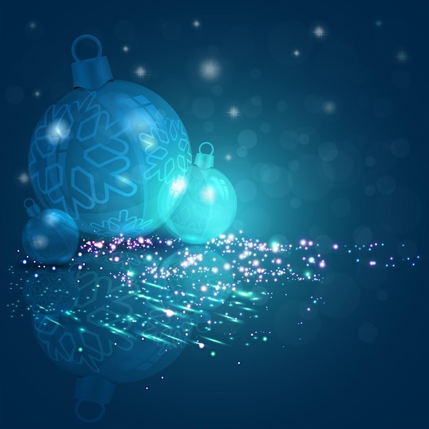 Vector fondo navideño color turquesa azul oscuro con un juego de bolas brillantes navideñas con copos de nieve