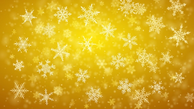 Fondo navideño de copos de nieve cayendo claros y borrosos complejos en colores amarillos con efecto bokeh