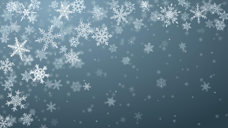 Vector fondo navideño de copos de nieve cayendo claros y borrosos complejos en colores grises con efecto bokeh