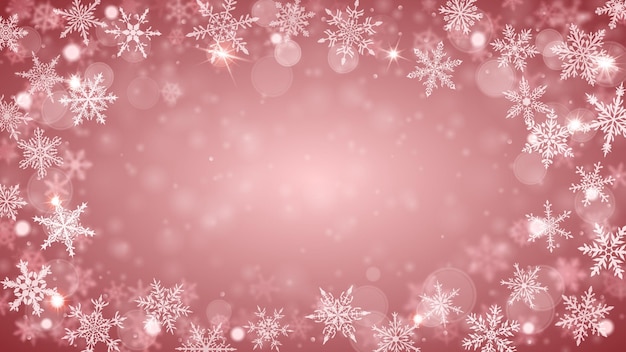 Fondo navideño de copos de nieve cayendo claros y borrosos complejos en colores melocotón con efecto bokeh