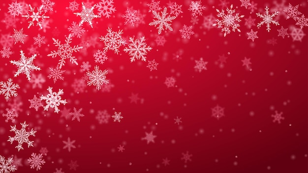 Fondo navideño de copos de nieve cayendo claros y borrosos complejos en colores rojos con efecto bokeh