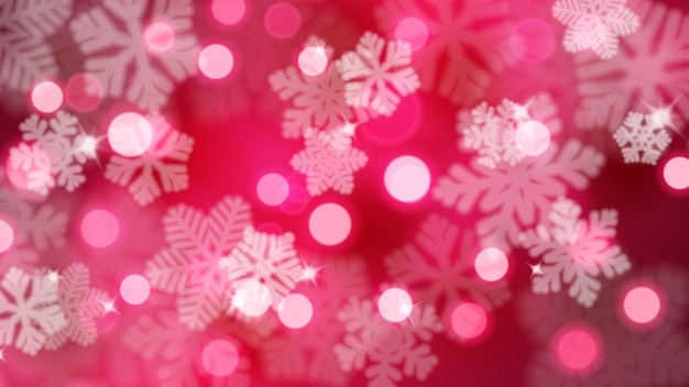 Fondo navideño de copos de nieve desenfocados con resplandores y efecto bokeh en colores carmesí