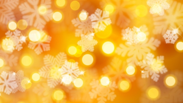 Fondo navideño de copos de nieve desenfocados con resplandores y efecto bokeh, en colores dorados