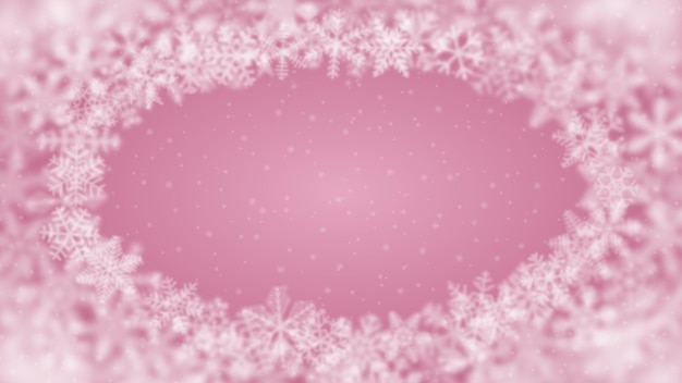 Fondo navideño de copos de nieve de diferente forma borrosa y transparencia dispuestos en una elipse sobre fondo rosa