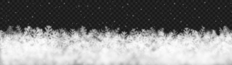 Vector fondo navideño de copos de nieve de diferente forma, desenfoque y transparencia, ubicado en la parte inferior, sobre fondo transparente