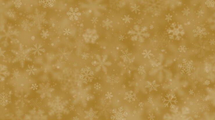 Vector fondo navideño de copos de nieve de diferentes formas, tamaños, desenfoque y transparencia en colores amarillos